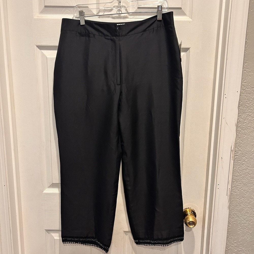 ICE Black 100% Silk Cropped Pants with Beaded Crochet Trim Size 14 Evening Wear